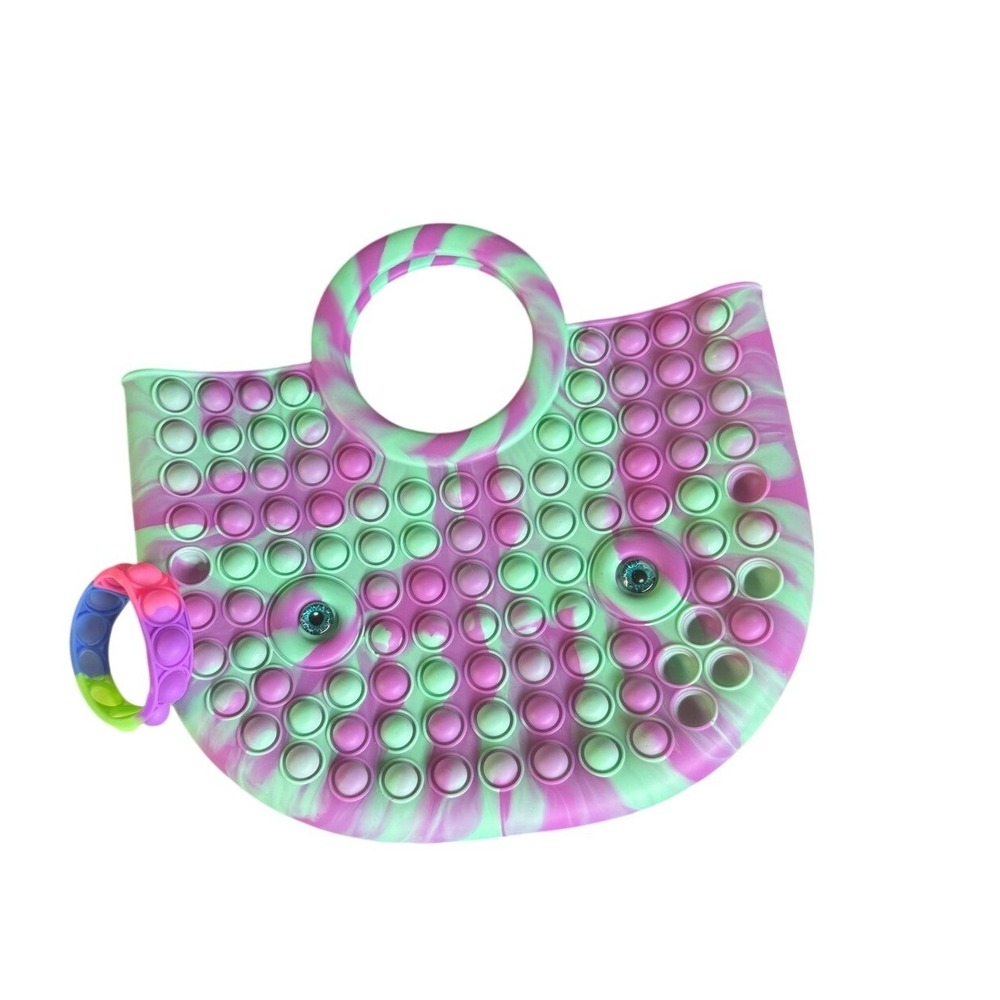 Ja-Ru Silicone Pop Fidget Tote Bag and Bracelet Set Purple Green Swirl Eyeball